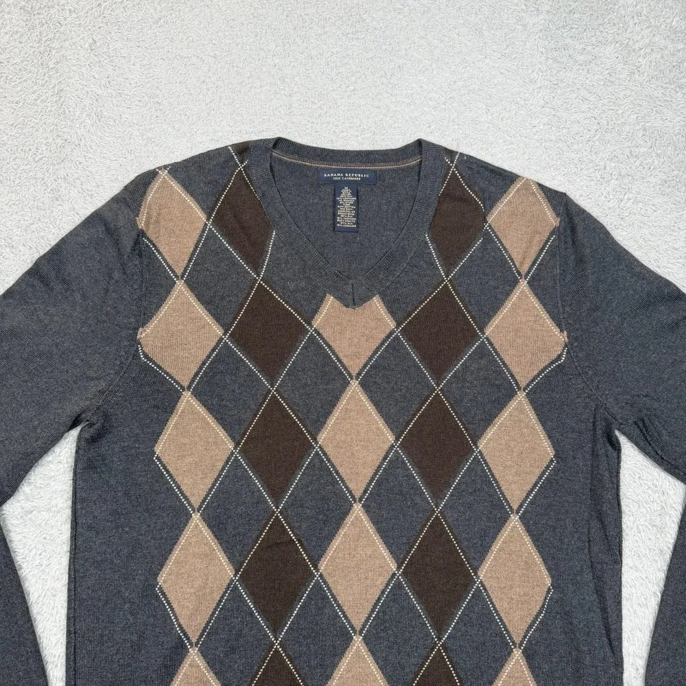 Banana Republic Mens Silk Cashmere‎ Argyle V-Neck Sweater Charcoal Grey Medium
